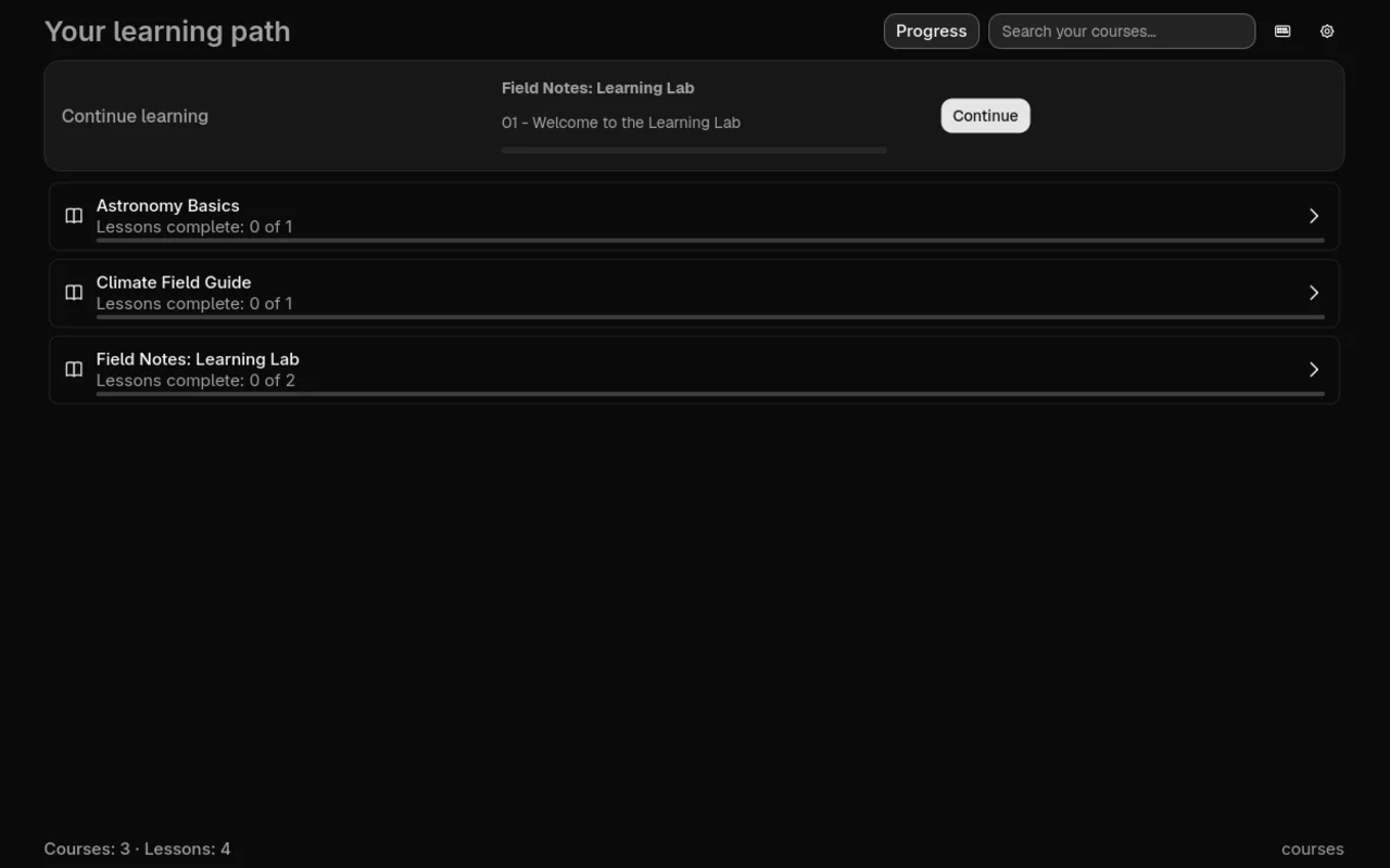 melearner's local course library with sample lessons and progress.