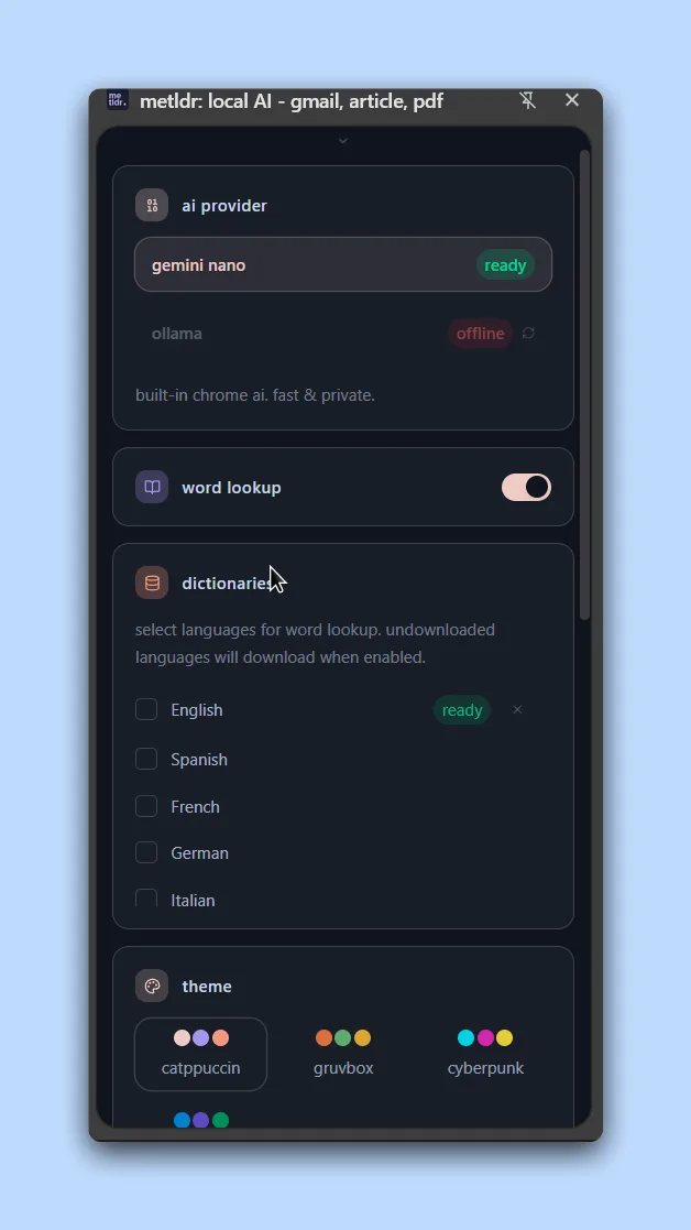 MeTLDR settings showing local AI, dictionary and theme options.