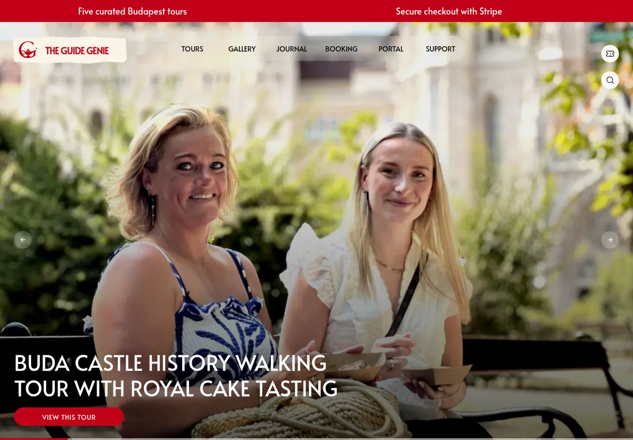 TheGuideGenie's homepage with its red logo and featured Budapest walking tour.